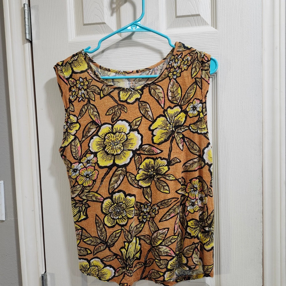 LOFT Ann Taylor Womens XS Linen T Orange Yellow Floral Sleeveless Crew Neck Top
